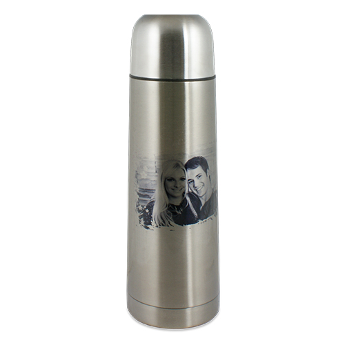 Thermosflasche aus doppelwandigem Edelstahl mit Trinkbecher-Verschlusskappe, Fassungsvermögen ca. 750 ml, Farbe silber oder weiß, Höhe 280 mm, Durchm. 80 mm, Preis: EUR 20,00, 